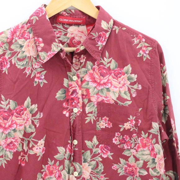 Gloria Vanderbelt Shirt Womens Red Floral Button Down Long Sleeve Collared L - Picture 2 of 8